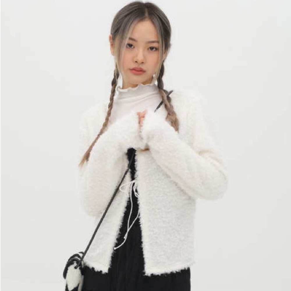 Lewkin Fuzzy Cardigan with Front Ribbon Tie